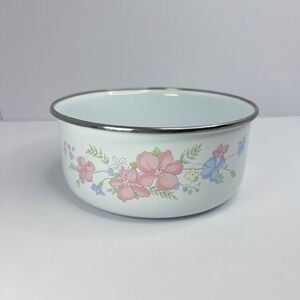 Vintage Enamel Bowl Pink‎ & Blue Flowers and Silver Tone Rim